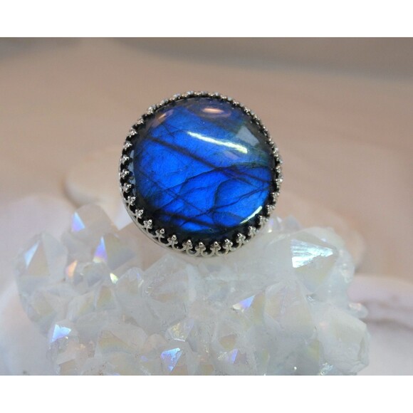 Large Spectrolite Labradorite Sterling Silver Ring Size 7.5 Handmade OOAK - Picture 6 of 10